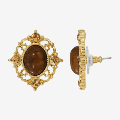 1928 Gold Tone Brown Crystal 1 Inch Stud Earrings
