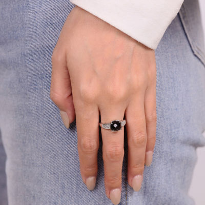 Womens Genuine Black Onyx Sterling Silver Cushion Cocktail Ring