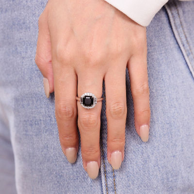 Womens Genuine Black Onyx Sterling Silver Cushion Cocktail Ring