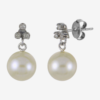 Diamond Accent White Cultured Freshwater Pearl 10K White Gold Ball Drop Earrings