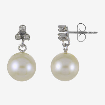 Diamond Accent White Cultured Freshwater Pearl 10K White Gold Ball Drop Earrings