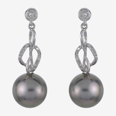 Diamond Accent Black Cultured Tahitian Pearl 14K White Gold Drop Earrings