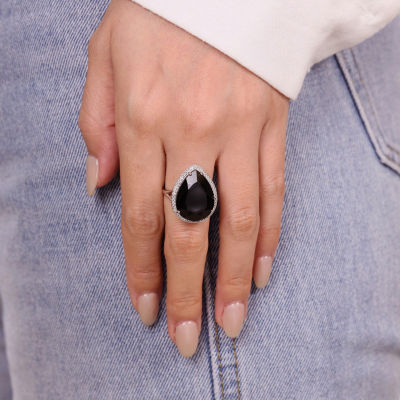 Womens Genuine Black Onyx Sterling Silver Pear Halo Cocktail Ring