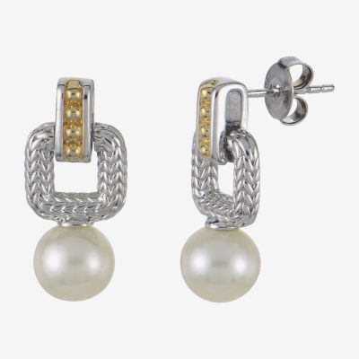Womens White Cultured Freshwater Pearl 14K Two Tone Gold Over Silver Drop Earrings