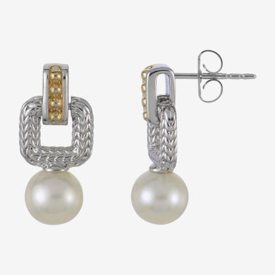 Womens White Cultured Freshwater Pearl 14K Two Tone Gold Over Silver Drop Earrings