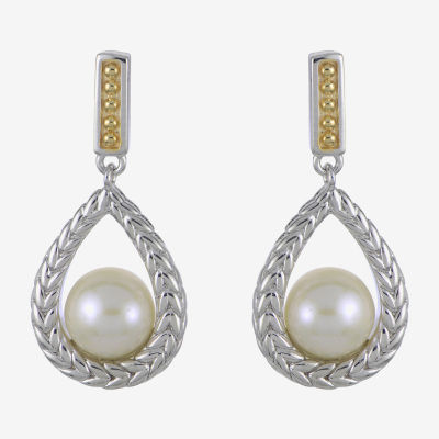 White Cultured Freshwater Pearl 14K Two Tone Gold Over Silver Drop Earrings