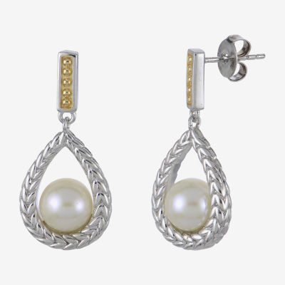 White Cultured Freshwater Pearl 14K Two Tone Gold Over Silver Drop Earrings