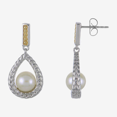 White Cultured Freshwater Pearl 14K Two Tone Gold Over Silver Drop Earrings