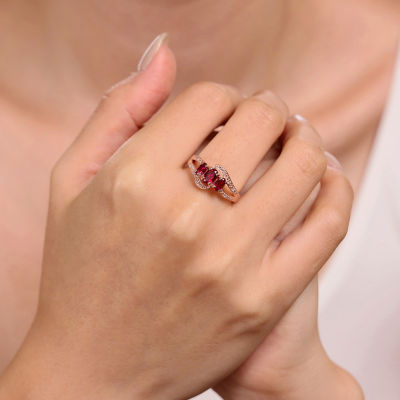 Lab-Created Ruby and Genuine White Topaz Rose-Tone Sterling Silver 3-Stone Ring