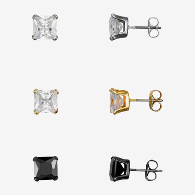 J.P. Army Mens Cubic Zirconia Pure Silver Over Brass Square 3 Pair Earring Set