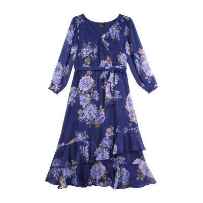 Lilt Big Girls Long Sleeve Floral Maxi Dress