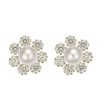 14k White Gold Flower CZ Stud Earrings White Pearl with Screw Back 