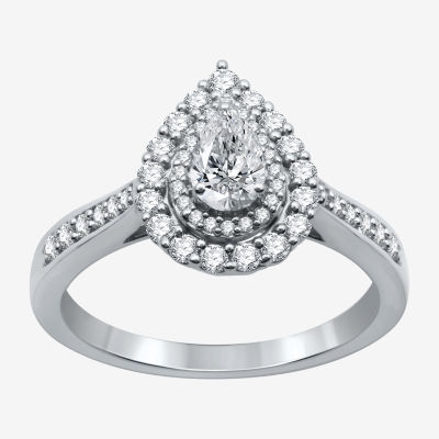 I Said Yes (H-I / I1) Womens 3/4 CT. T.W. Lab Grown White Diamond Sterling Silver or 14K Gold Over Silver Pear Side Stone Halo Engagement Ring