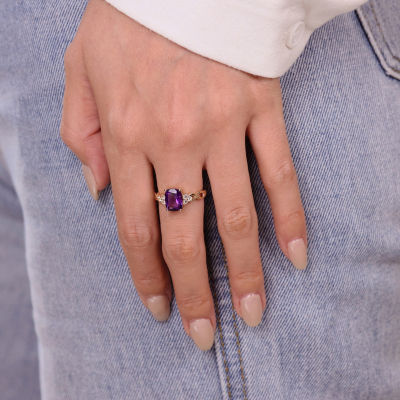 Womens Genuine Purple Amethyst 10K Gold Cocktail Ring