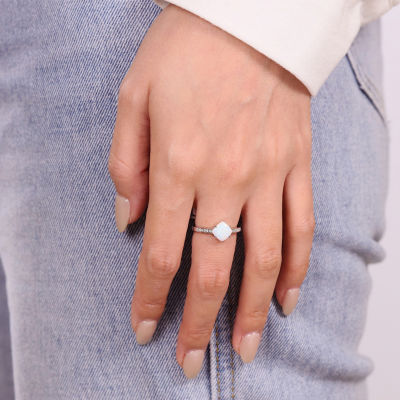 Womens Lab Created White Opal Sterling Silver Halo Cocktail Ring