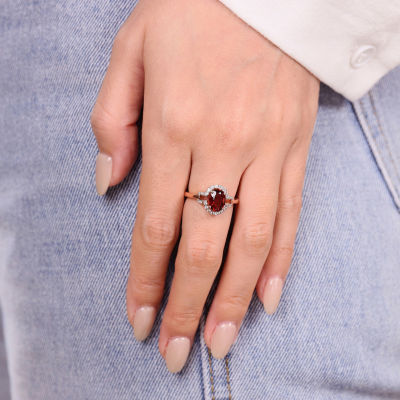 Womens Genuine Red Garnet 14K Rose Gold Over Silver Halo Cocktail Ring