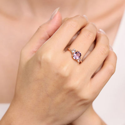 Womens Genuine Purple Amethyst 18K Rose Gold Over Silver Oval 3-Stone Cocktail Ring