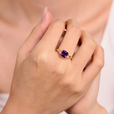 Womens Genuine Purple Amethyst 18K Gold Over Silver Cushion 3-Stone Cocktail Ring