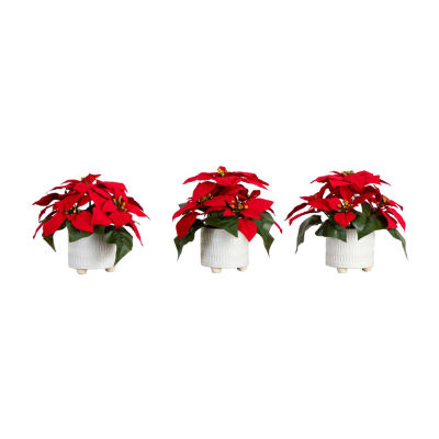 Nearly Natural 3-pc. 9in Artificial Poinsettia In White Ceramic Pots Artificial Plant