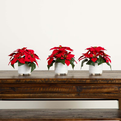 Nearly Natural 3-pc. 9in Artificial Poinsettia In White Ceramic Pots Artificial Plant