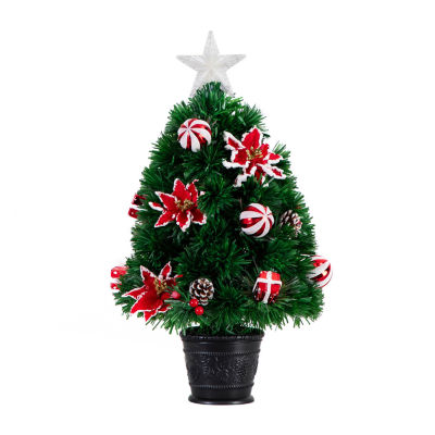 Nearly Natural Pre-Lit Fiber Optic Ornaments Poinsettia And Star Topper 2 Foot Pre-Lit Potted Fir Christmas Tree