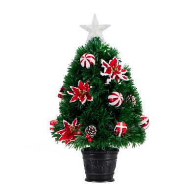 Nearly Natural Pre-Lit Fiber Optic Ornaments Poinsettia And Star Topper 2 Foot Christmas Tree