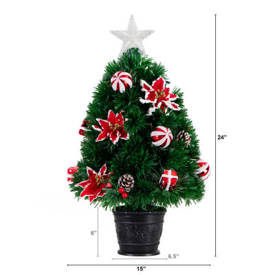 Nearly Natural Pre-Lit Fiber Optic Ornaments Poinsettia And Star Topper 2 Foot Christmas Tree