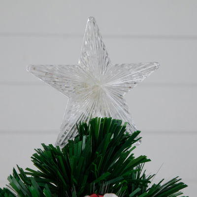 Nearly Natural Pre-Lit Fiber Optic Ornaments Poinsettia And Star Topper 2 Foot Pre-Lit Potted Fir Christmas Tree