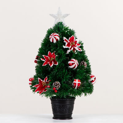 Nearly Natural Pre-Lit Fiber Optic Ornaments Poinsettia And Star Topper 2 Foot Pre-Lit Potted Fir Christmas Tree