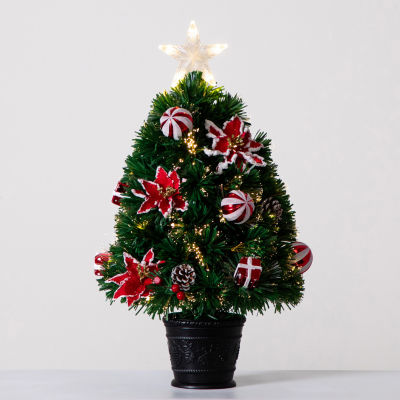 Nearly Natural Pre-Lit Fiber Optic Ornaments Poinsettia And Star Topper 2 Foot Pre-Lit Potted Fir Christmas Tree