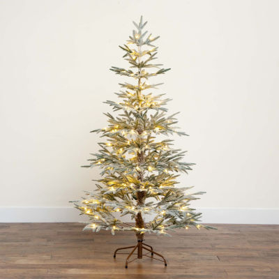 Nearly Natural Pre-Lit Artificial Flocked Woodland Fir With Warm White Led Lights Foot Christmas Tree