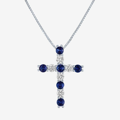 Womens Lab Created Sapphire Sterling Silver Cross Pendant Necklace