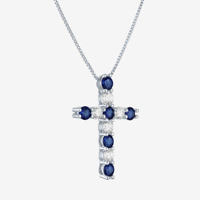Womens Lab Created Blue Sapphire Sterling Silver Cross 18 Inch Pendant Necklace