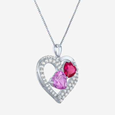 Womens Lab Created Amethyst or Ruby Sterling Silver Heart Pendant Necklace