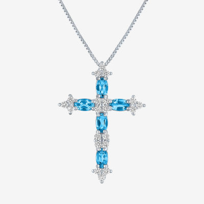 Womens Lab Created Blue Topaz Sterling Silver Cross Pendant Necklace