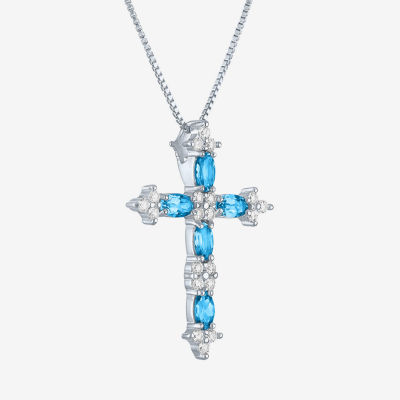 Womens Lab Created Blue Topaz Sterling Silver Cross Pendant Necklace