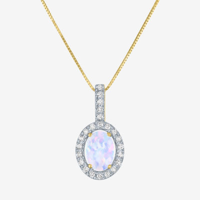 Womens Diamond Accent Lab Created White Opal 10K Gold Oval Pendant Necklace