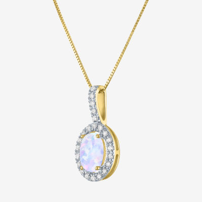 Womens Diamond Accent Lab Created White Opal 10K Gold Oval Pendant Necklace