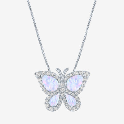 Womens Lab Created White Opal Sterling Silver Butterfly Pendant Necklace