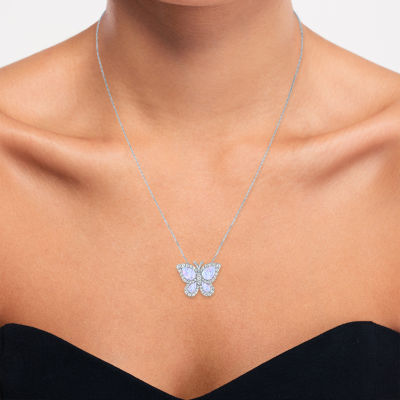 Womens Lab Created White Opal Sterling Silver Butterfly Pendant Necklace