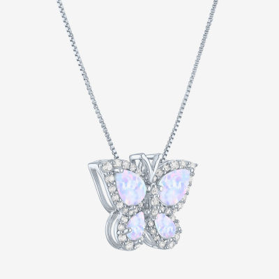 Womens Lab Created White Opal Sterling Silver Butterfly Pendant Necklace