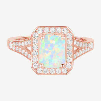 Yes, Please! Womens Lab Created White Opal 14K Rose Gold Over Silver Halo Cocktail Ring