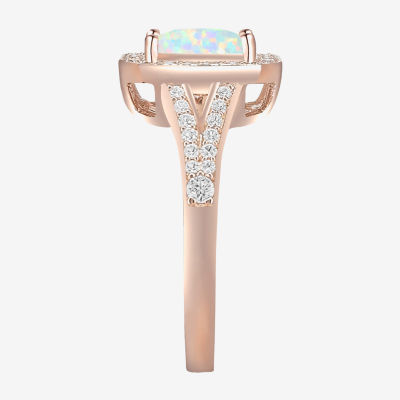 Yes, Please! Womens Lab Created White Opal 14K Rose Gold Over Silver Halo Cocktail Ring