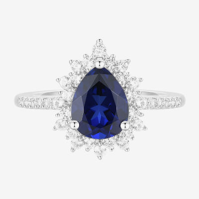 Yes, Please! Womens Lab Created Blue Sapphire Sterling Silver Pear Halo Cocktail Ring