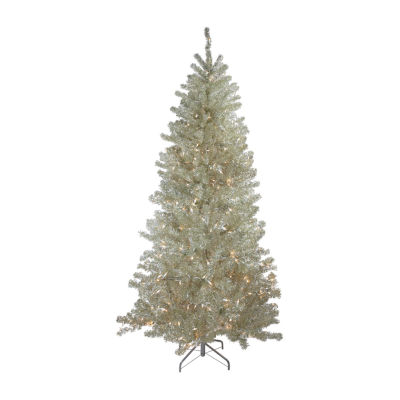 Northlight Metallic Platinum Tinsel 7 Foot Pre-Lit Christmas Tree