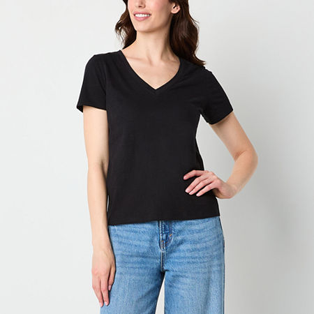 a.n.a Womens V Neck Short Sleeve T-Shirt, Petite Small, Black