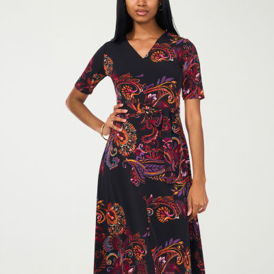 MSK Womens Short Sleeve Floral Midi Fit + Flare Dress