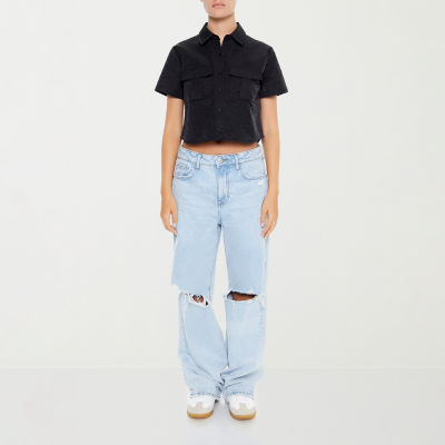 Forever 21 Juniors Cropped Woven Womens Short Sleeve Button-Down Shirt