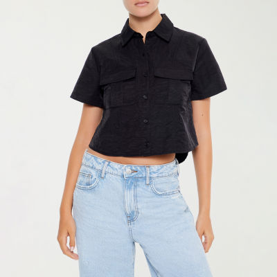 Forever 21 Juniors Cropped Woven Womens Short Sleeve Button-Down Shirt