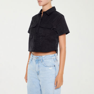 Forever 21 Juniors Cropped Woven Womens Short Sleeve Button-Down Shirt